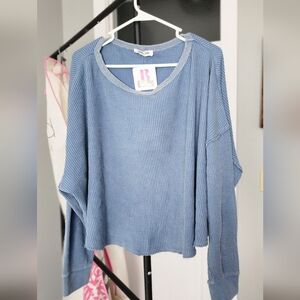 Double Zero Stonewashed Blue Waffle Knit Oversized Top